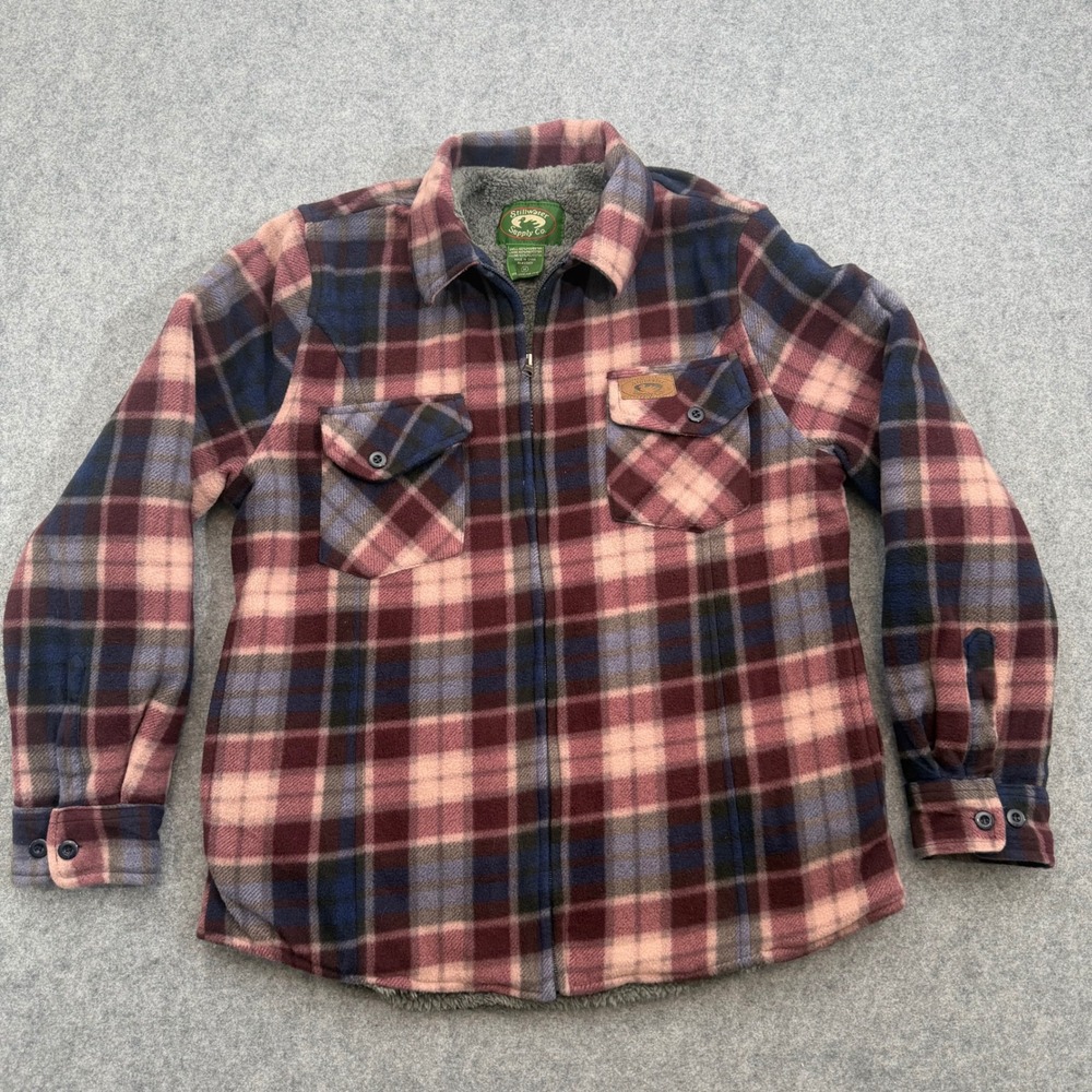 Stillwater Supply Co Mens Fleece Lined Plaid Shirt Jacket Burgundy Blue Medium
